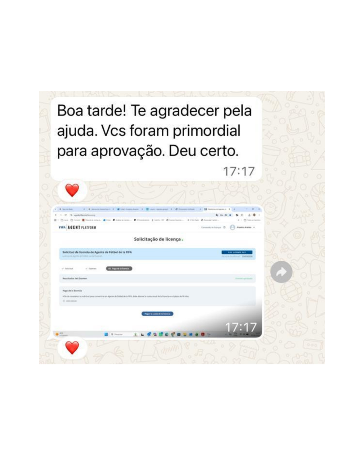 Aluno agradece pela ajuda e confirma aprovação na Prova de Agente FIFA