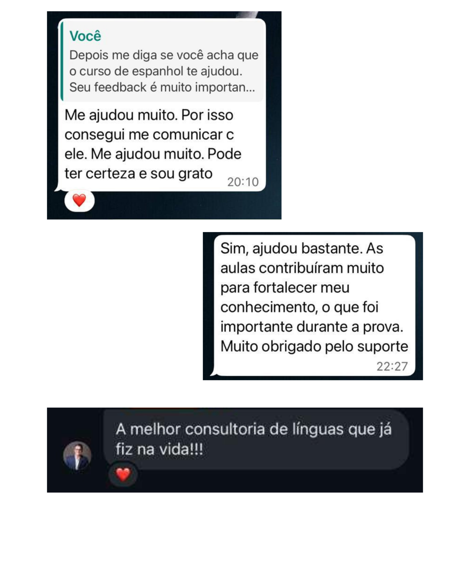 Mensagens de alunos: aulas ajudaram na comunicação e na prova, elogiando a consultoria